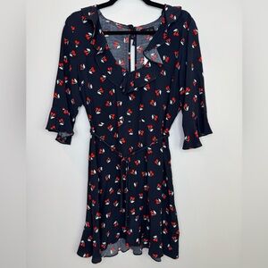 New Topshop Navy Dress with cherry Print size 8 petite ruffle collar